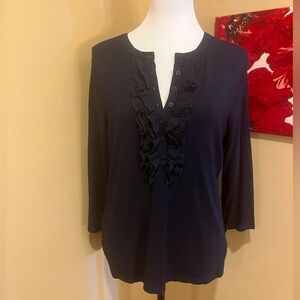 Ralph Lauren Navy Ruffle Front Long Sleeve Henley Tee, size Large